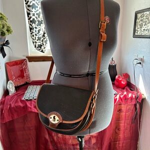 Vintage Dooney & Bourke Black and Tan Leather Crossbody Bag with Brass hardware